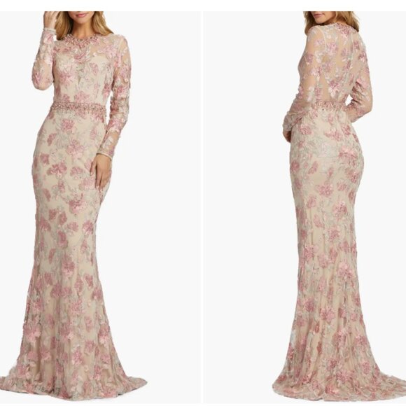 MAC DUGGAL 79281 FLORAL EMBROIDERED LONG SLEEVE TRUMPET NUDE ROSE GOWN sz 10 - Picture 1 of 3